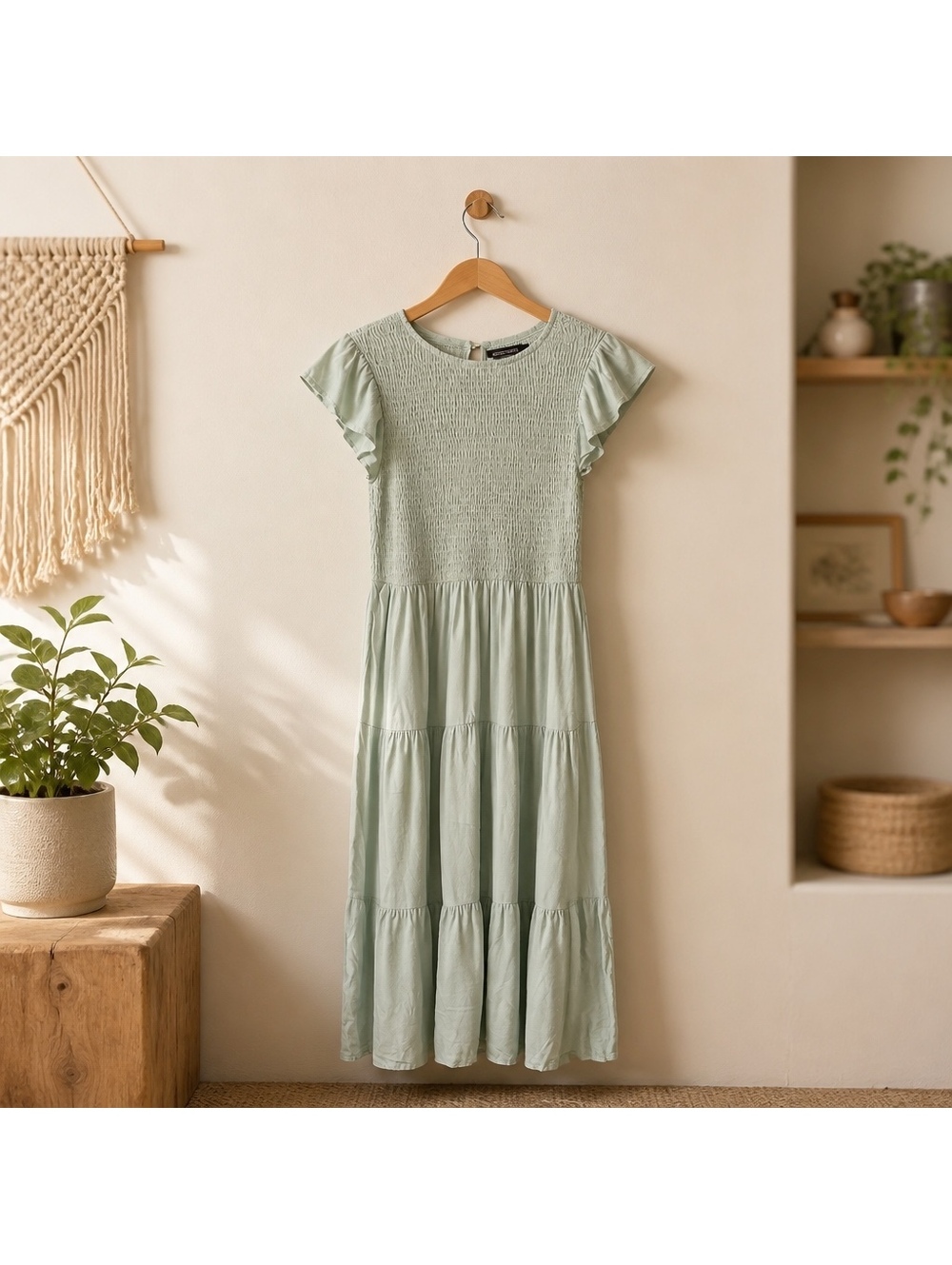 MEROKEETY Light Green Smocked Bodice Tiered Maxi Dress with Pockets - Picture 2 of 4